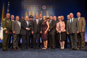 Secretary of Defense, Ashton B. Carter recognizes Military Reservist Employers at the DoD Freedom Awards, August 26, 2016 in the Pentagon Auditorium. (U.S. Army photo by Sgt. Ricky Bowden)