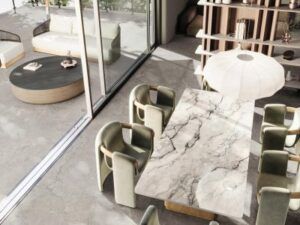 MOBILIARIO 5 MESA INT TERRE DI BOLGUERI GLOSS + MESA EXT IGNEOUS STONE NATURE +PAV BOURGOGNE PERLE SALON IN&OUT