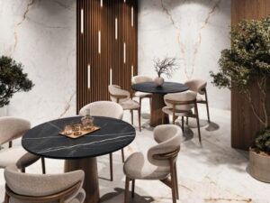 MOBILIARIO 6 MESA CALACATTA BLACK SILK 20mm + ESSENZA BOOKMATCH SILK + PAV ESSENZA SILK RESTAURANTE