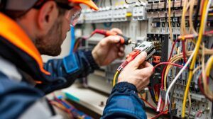 Professional electrician working at renovating home