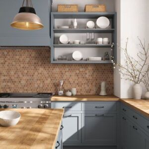 sagrada recycled glass copper hexagon mosaic tile kitchen